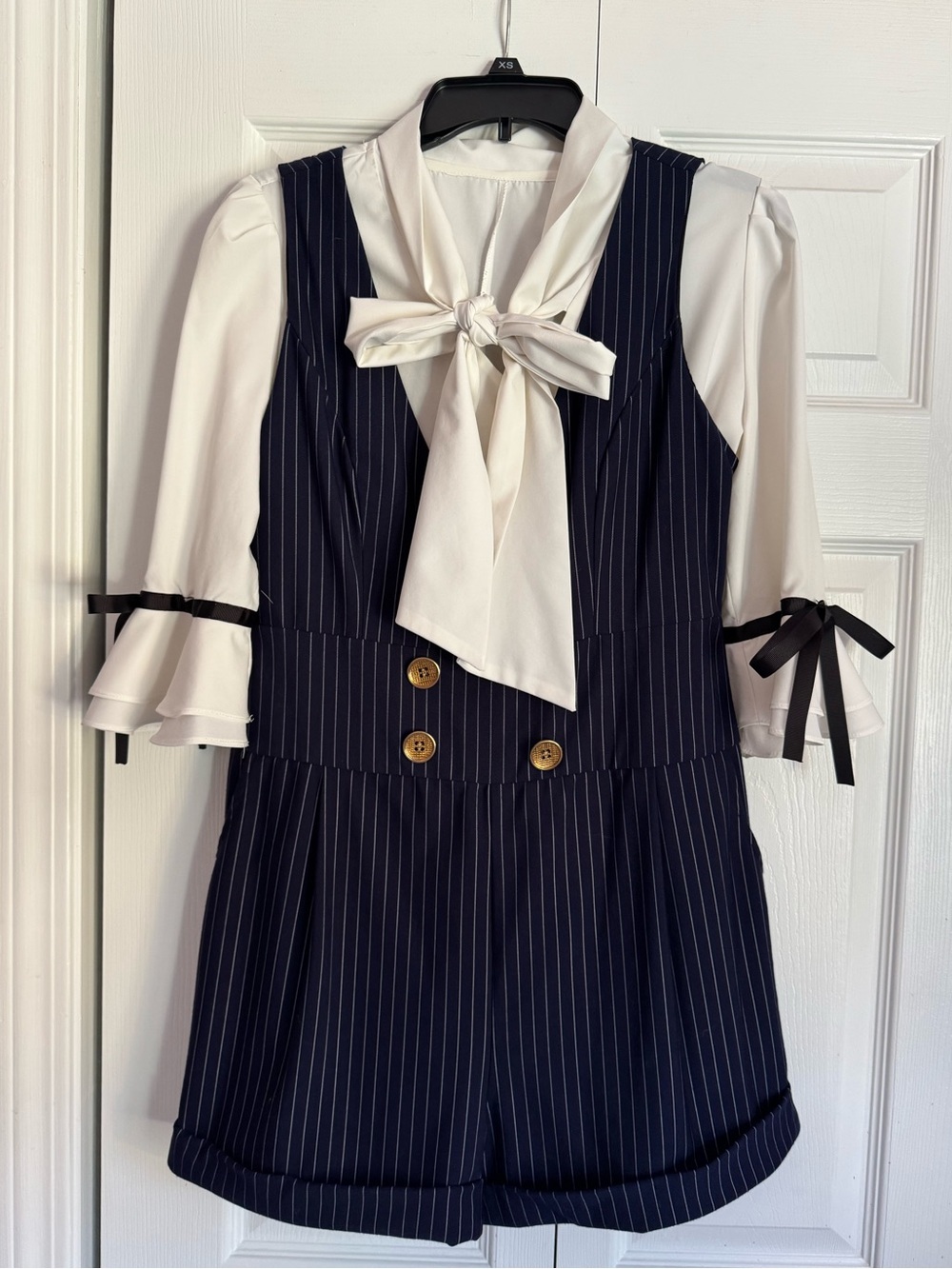 Navy Pinstripe Girls One-Piece Romper with Bow Blouse